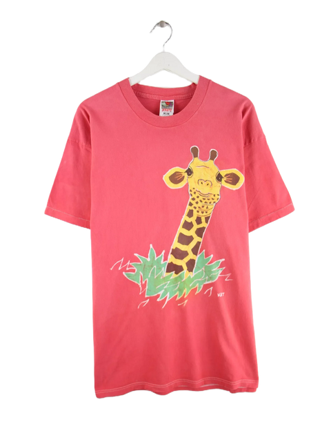 Fruit of the Loom 90s Vintage Giraffe Print Single Stitch T-Shirt Rot XXL