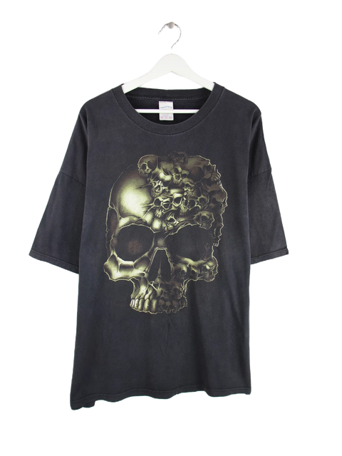 Vintage 00s Skull Print T-Shirt Schwarz 3XL