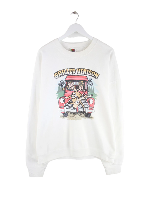Fruit of the Loom 90s Vintage Grilled Venison Print Sweater Weiß XXL
