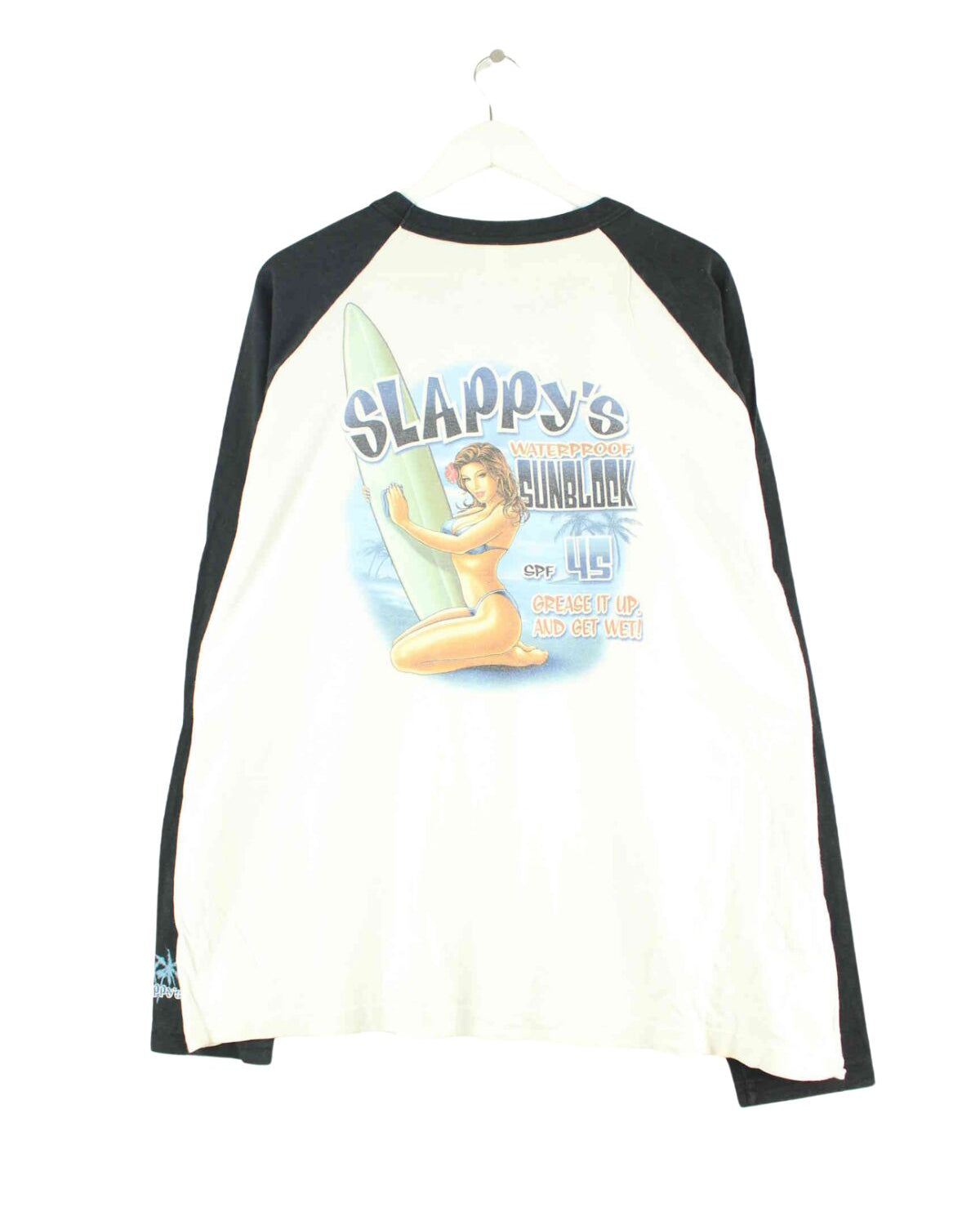 Vintage 00s Sunblock Surfing Print Sweatshirt Weiß XL (back image)