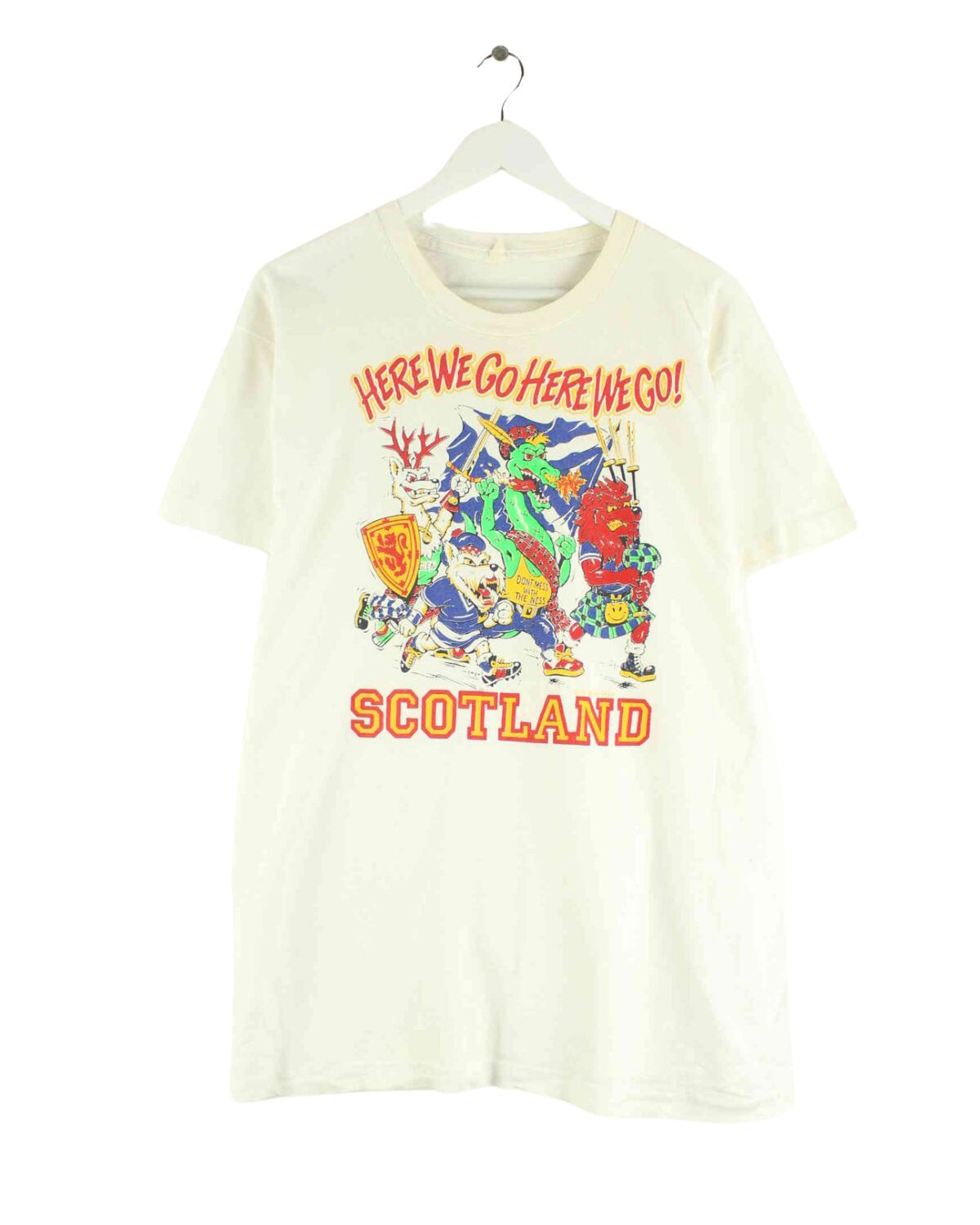 Vintage 90s Vintage Super Scot Print Single Stitched T-Shirt Weiß L (front image)