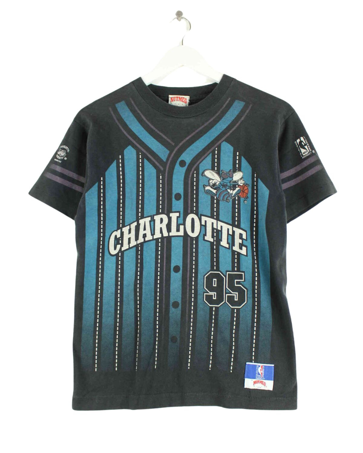 Nutmeg 90s Vintage Charlotte Hornets Print Single Stitch T-Shirt Schwarz XXS (front image)