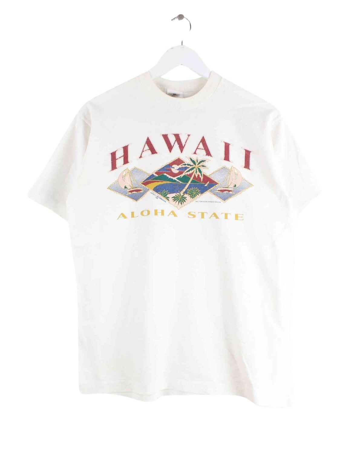 Fruit of the Loom 80s Vintage Hawaii Print Single Stitched T-Shirt Weiß S (front image)