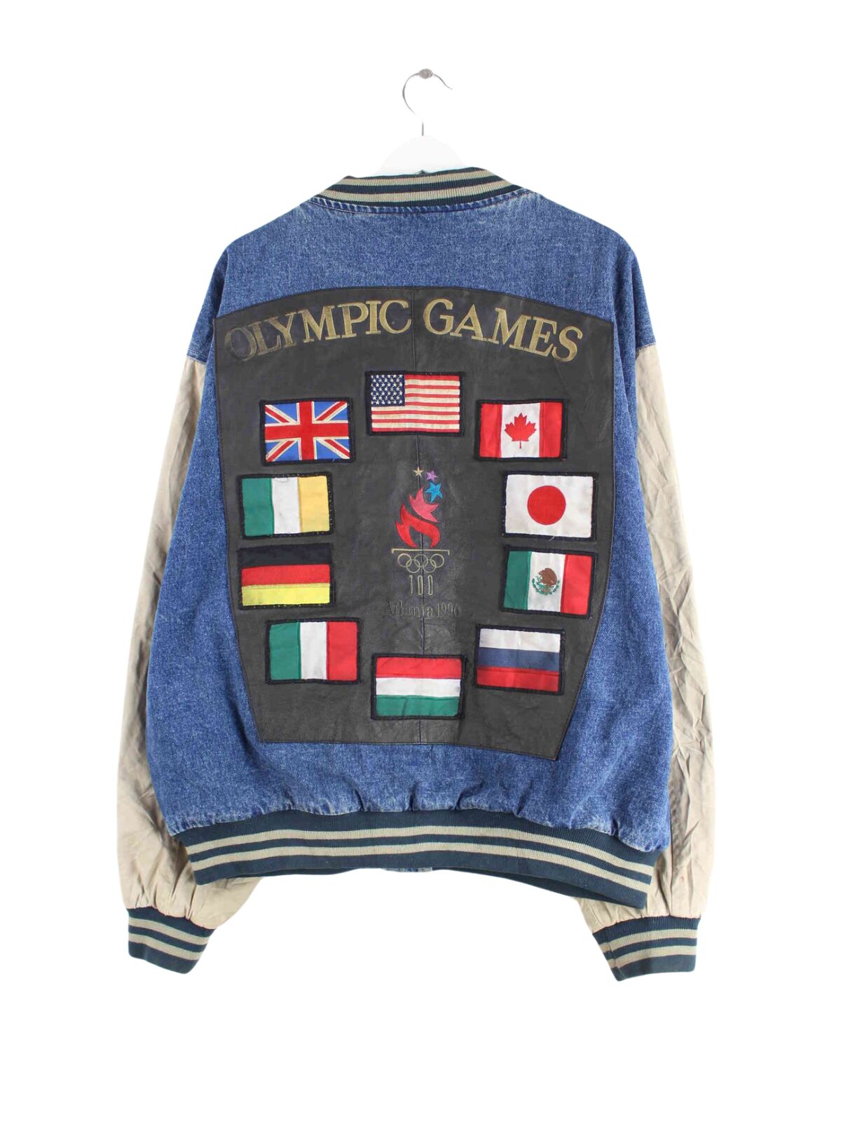 Vintage 1996 Altanta Olympic Embroidered Denim College Jacke Blau XL (back image)