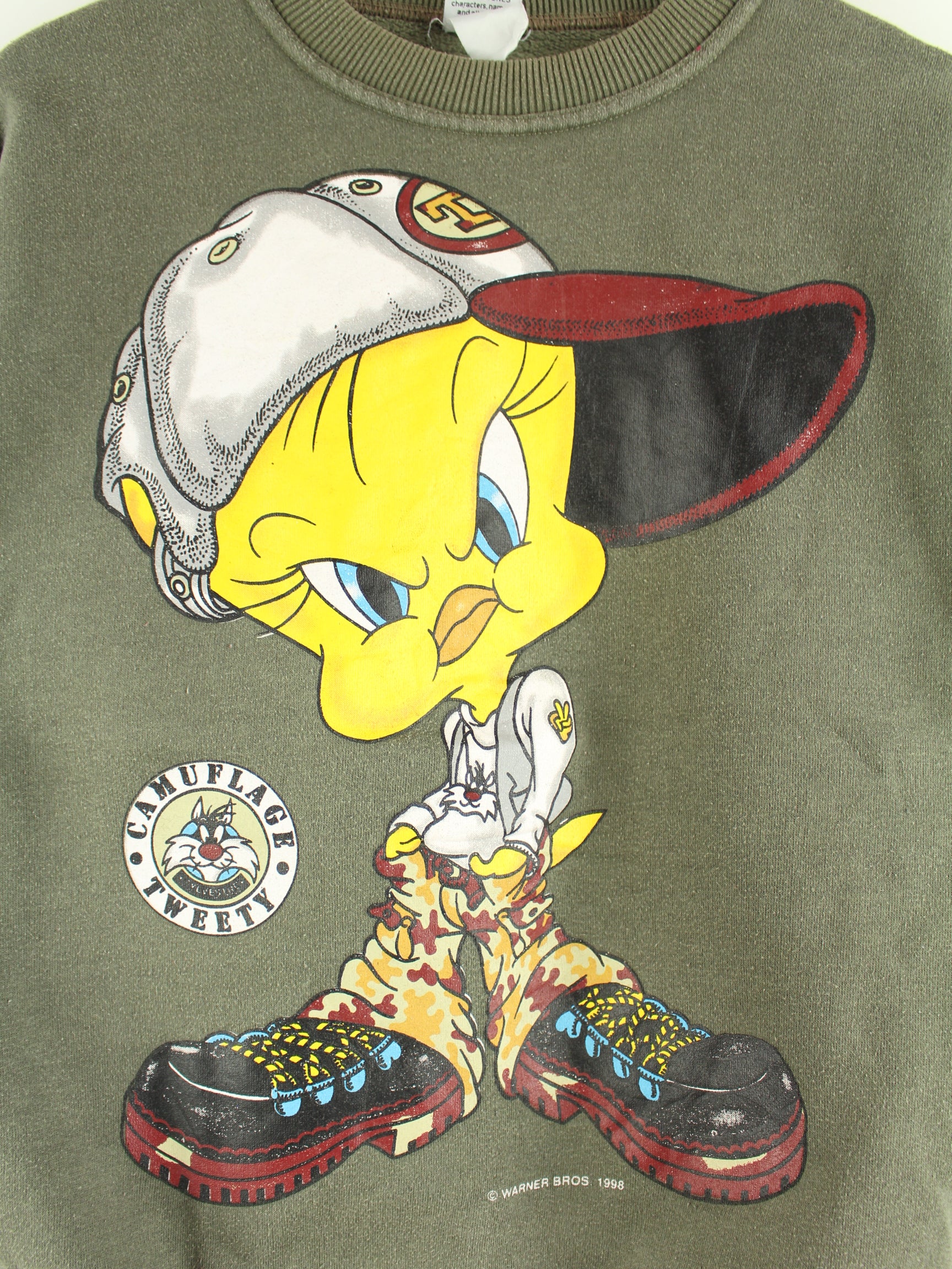 Looney Tunes 1998 Vintage Tweety Gangster Print Sweater Khaki S