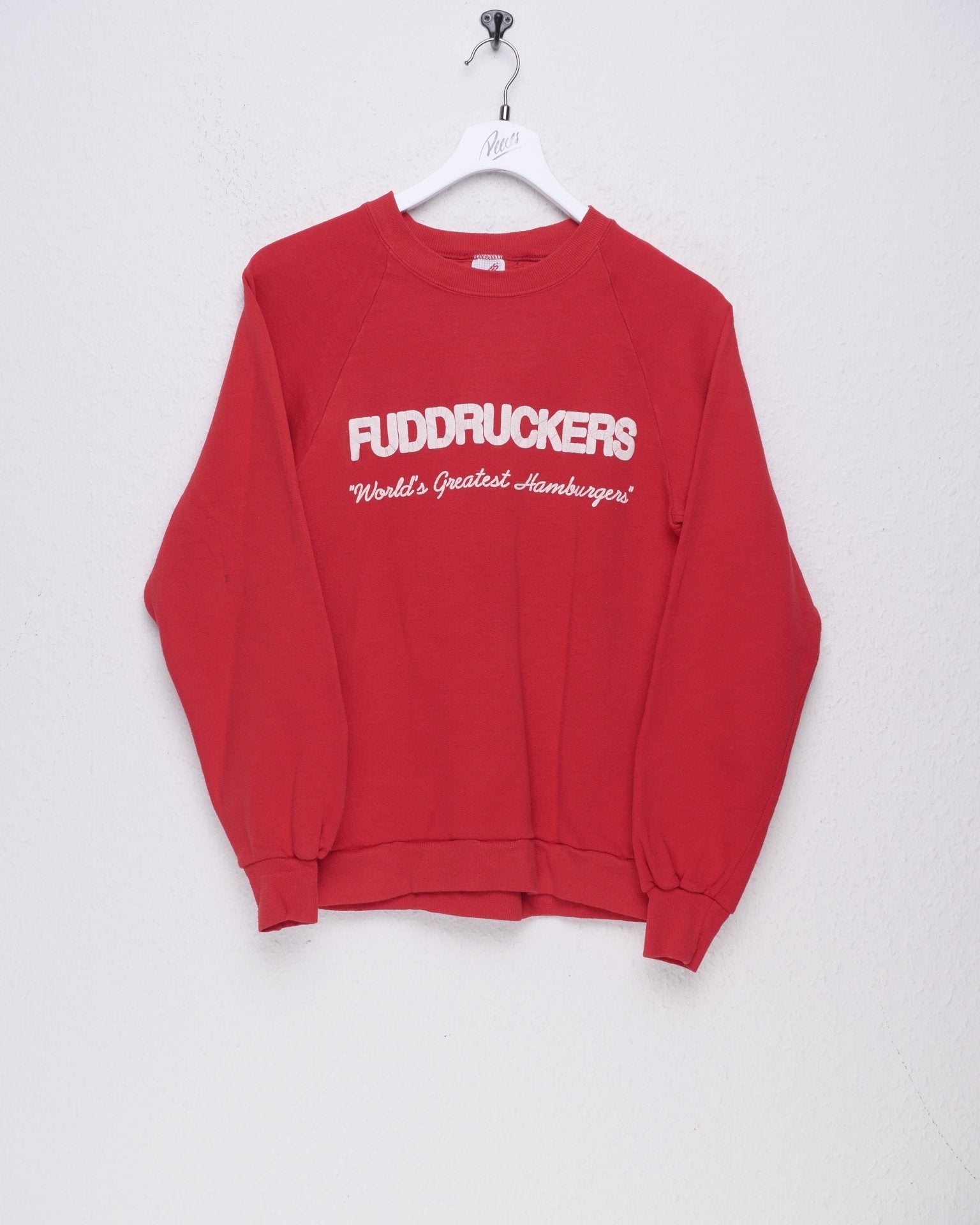 'Fuddruckers' printed Spellout red Sweater - Peeces